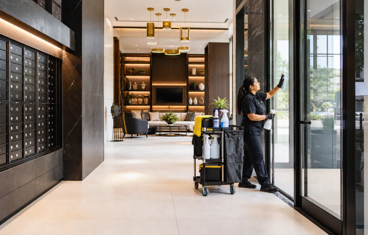 Cleaner detailing glass in a modern apartment community lobby and mail area