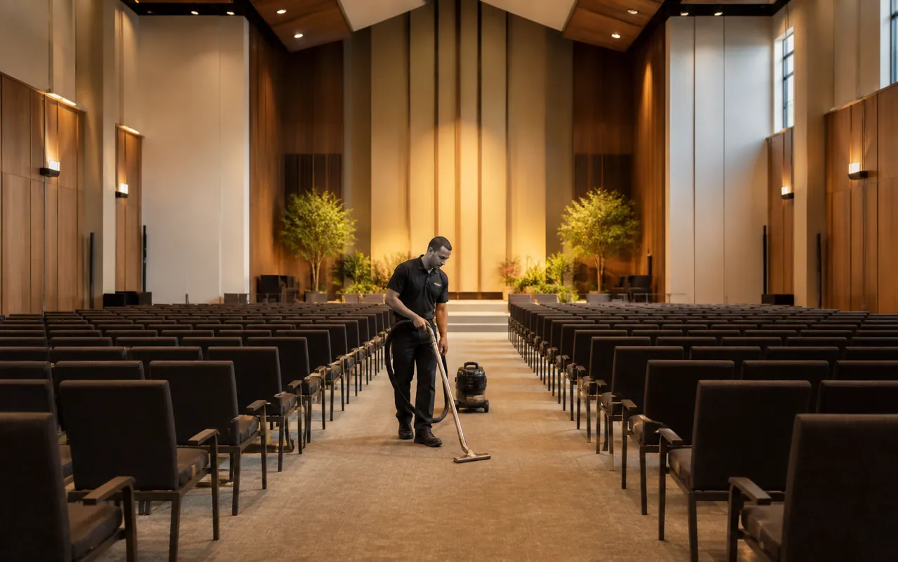 Cleaner vacuuming the center aisle of a contemporary church sanctuary