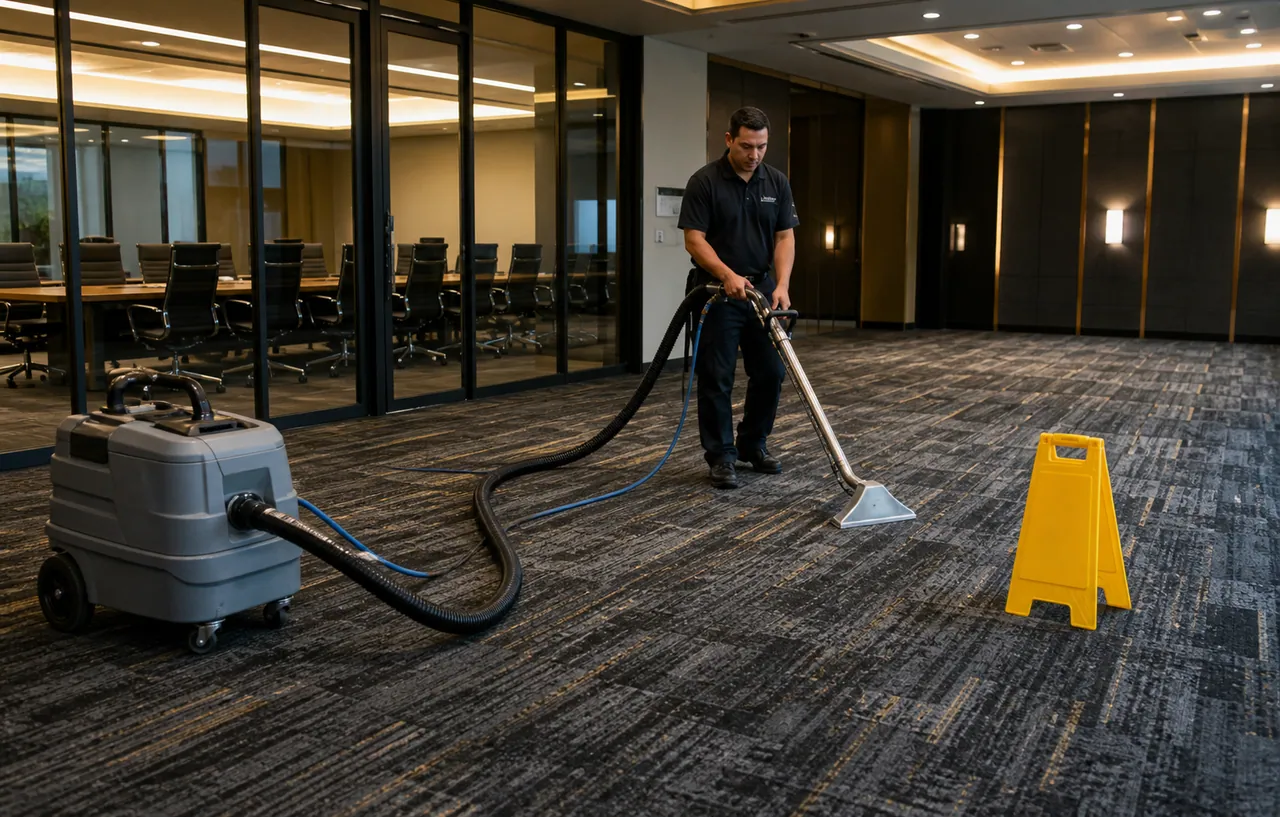 Technician using commercial carpet extraction equipment in a conference facility