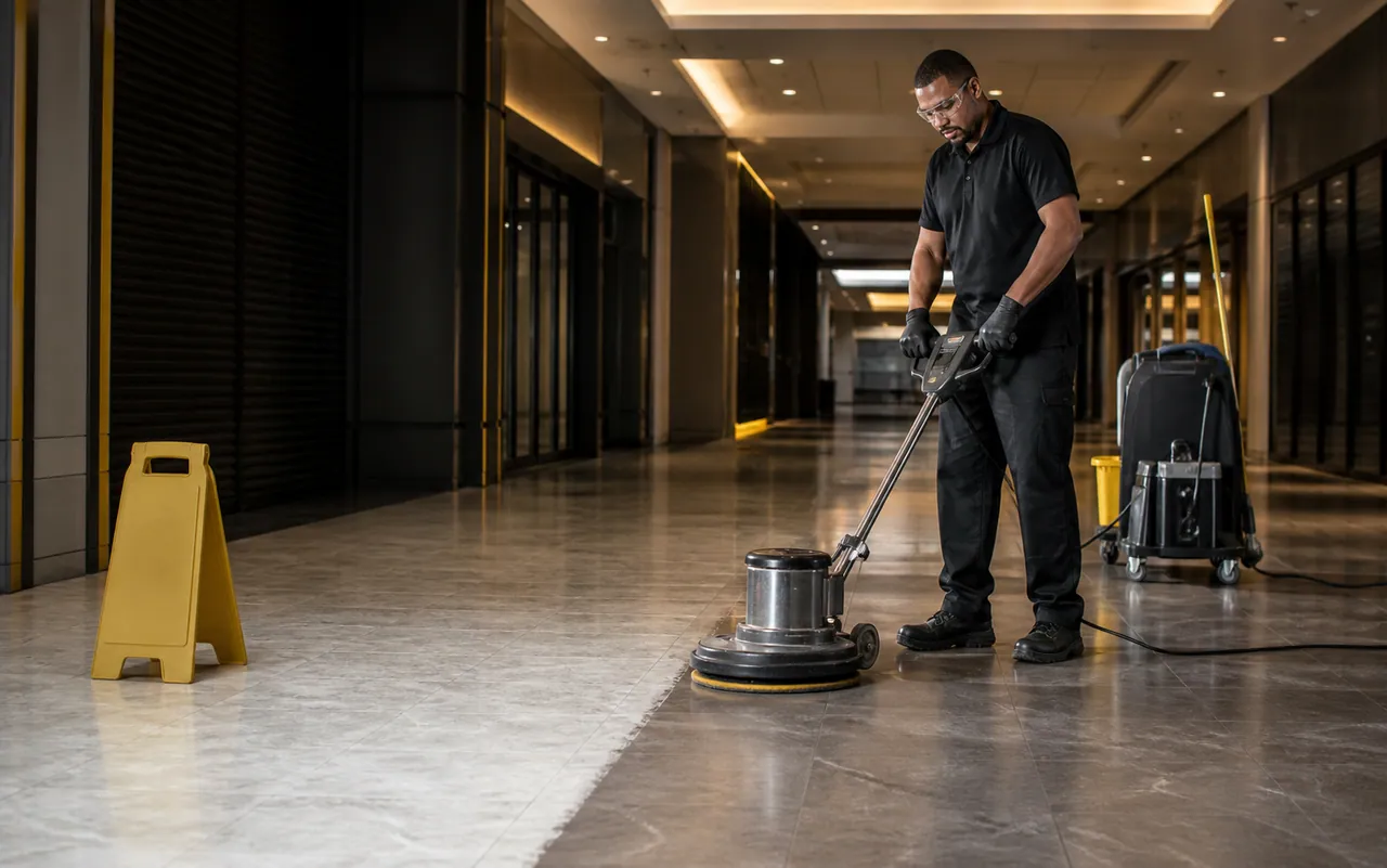Commercial floor-care technician operating a rotary floor machine in a corridor