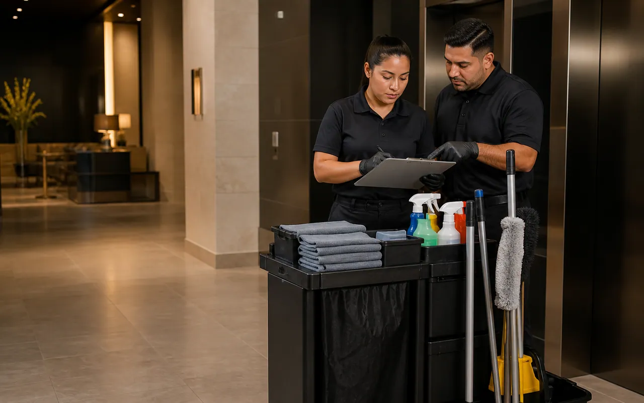 Commercial janitorial team reviewing an organized cleaning cart in a building lobby