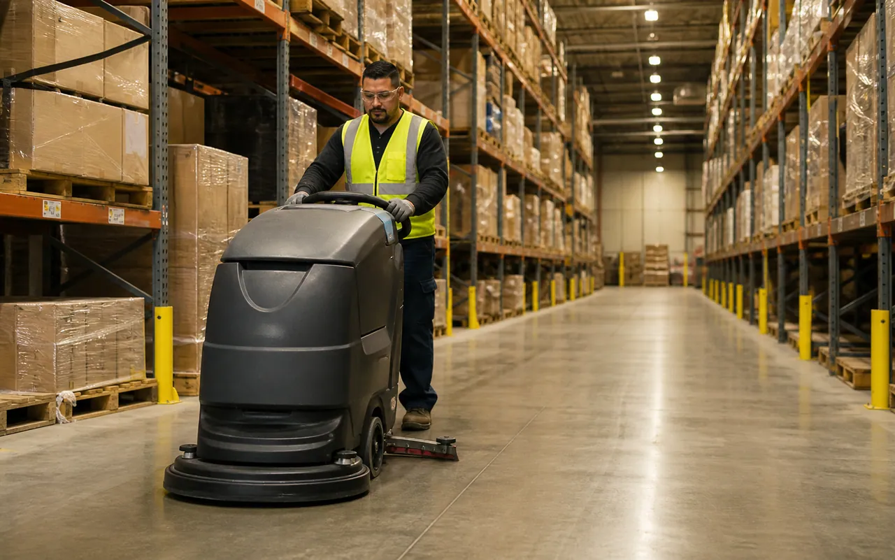 Technician operating a commercial floor scrubber in a warehouse aisle